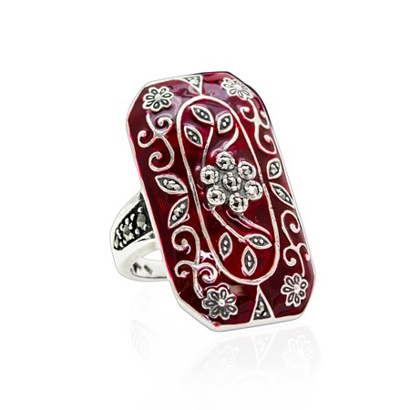 Long Rectangle Red Enamel Marcasite 'Art Deco' Ring - Click Image to Close